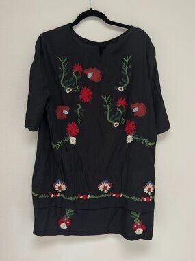 Runway Black Embroidered Bird Floral Folk Tunic Dress Boho L